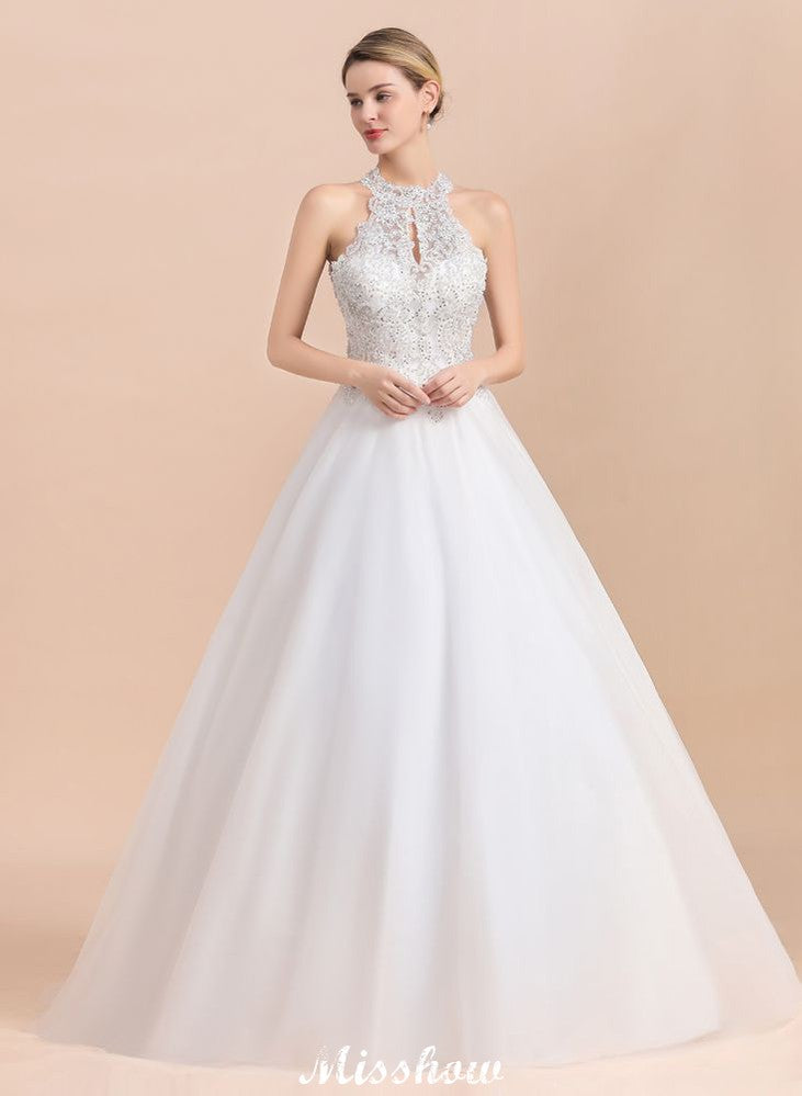 Gorgeous Halter Rhinstones Wedding Dress White Tulle Lace Appliques Aline Bridal Gown
