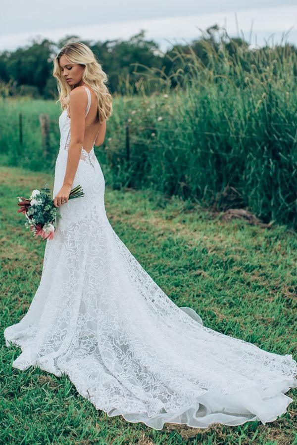 Hermosos vestidos de novia rústicos de encaje color marfil con escote corazón y corte sirena WD512