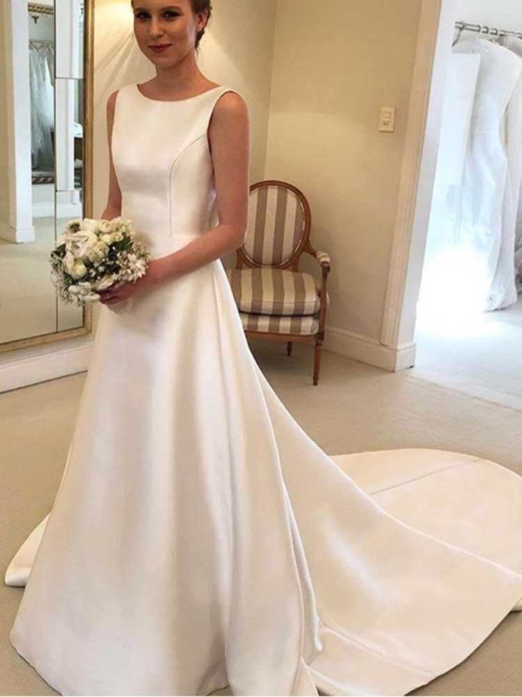 Wunderschöne lange rückenfreie A-Linien-Brautkleider aus Satin