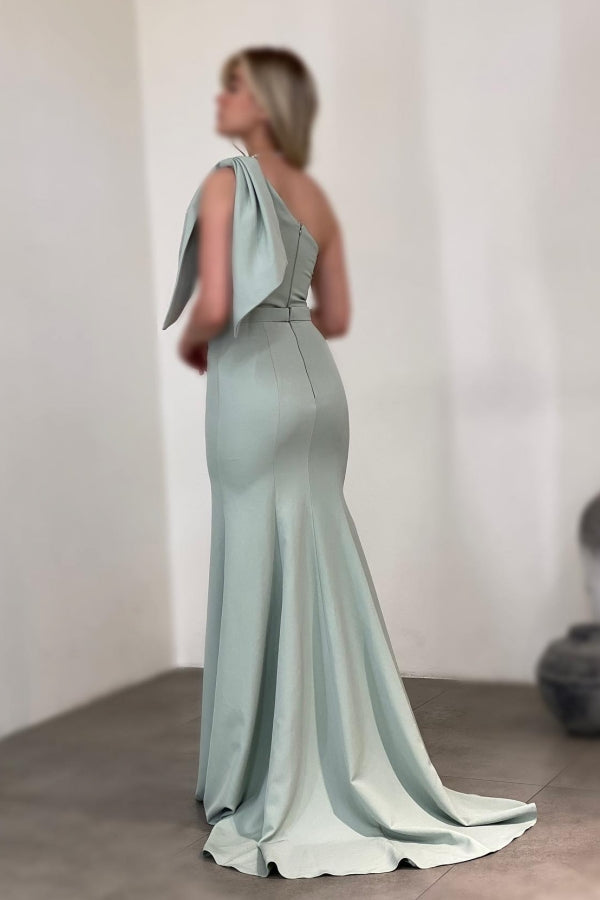 Wunderschönes langes Meerjungfrau-Abendkleid mit einer Schulter und Satin-Strasssteinen