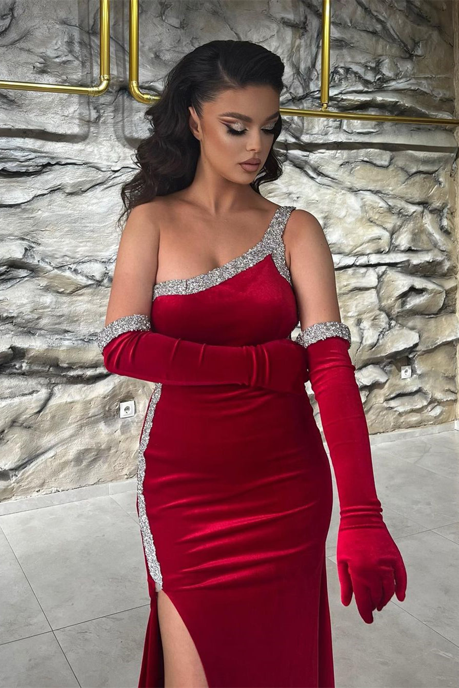 Wunderschönes langes rotes One-Shoulder-Ballkleid mit Pailletten und Schlitz