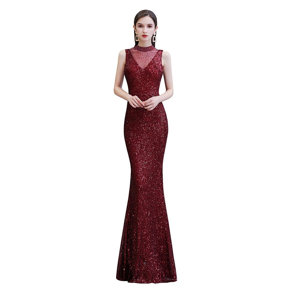 Wunderschönes langes Ballkleid im Meerjungfrauen-Stil mit burgunderroten Pailletten