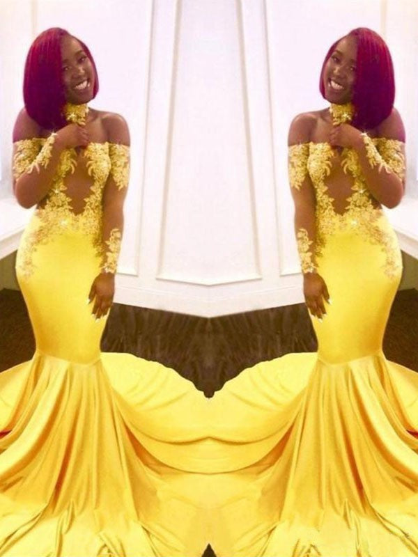 Hermosos vestidos de fiesta de satén elástico tejido con apliques y mangas largas con hombros descubiertos y corte sirena