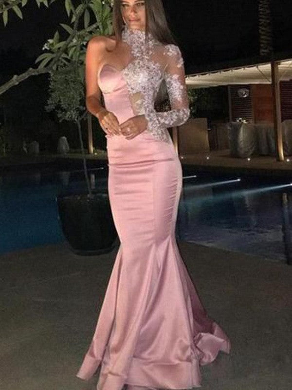 Hermosos vestidos de fiesta de sirena con apliques de satén, un solo hombro y mangas largas