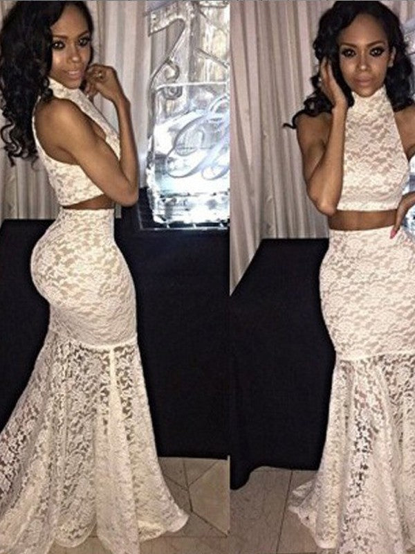 Hermosos vestidos de fiesta de dos piezas con encaje, estilo sirena, sin mangas y estilo halter