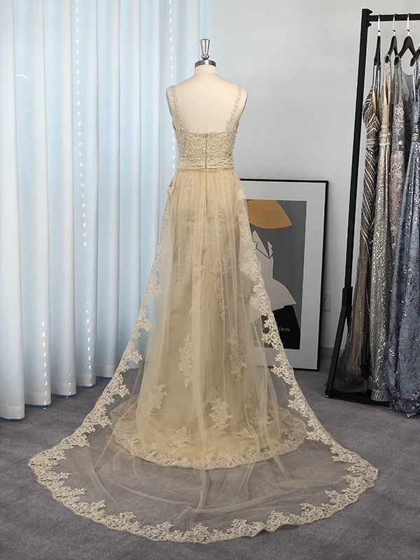 Hermosos vestidos de fiesta de tul con encaje y tirantes sin mangas de sirena