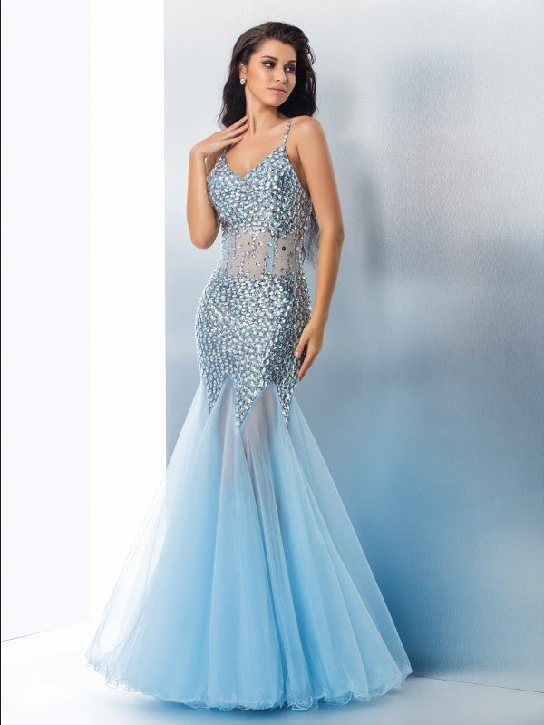 Hermosos vestidos de fiesta largos de tul sin mangas con lentejuelas y tirantes finos de sirena