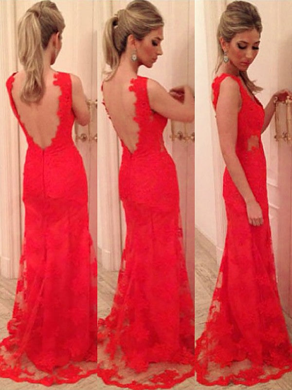 Gorgeous Mermaid V-neck Applique Sleeveless Lace Backless Floor-length Dress