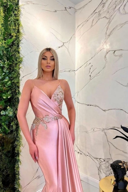 Hermosos vestidos de fiesta rosas con tirantes finos, sin mangas, corte sirena y largo hasta el suelo