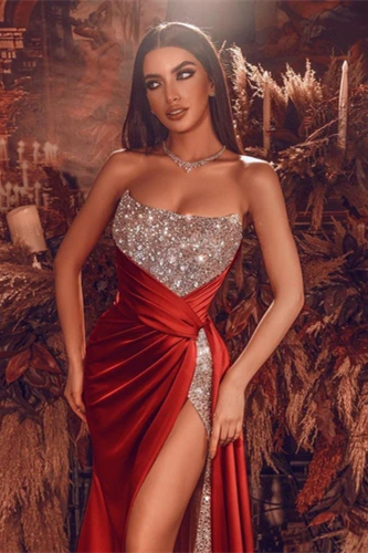 Gorgeous Red Long Evening Dress With Split Long Beads Prom Gown