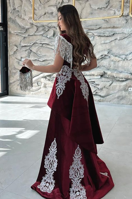 Gorgeous Red Sweetheart Column Appliques Sleeveless Split Front Floor-length Prom Dresses with Train