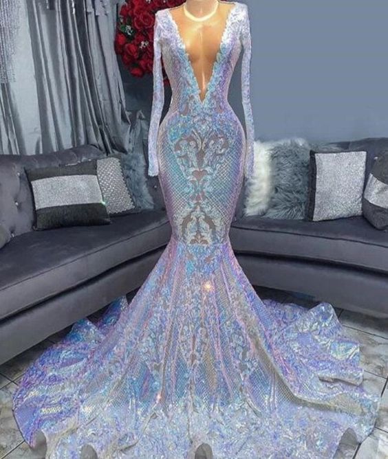 Gorgeous Sequins V-neck Long Sleeve pattern Floor-length Mermaid Prom Dresses