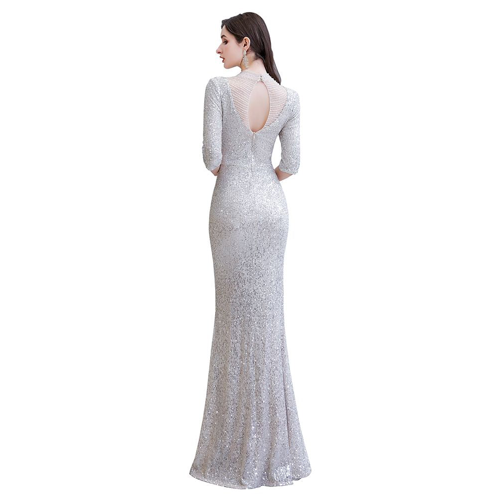 Wunderschönes silbernes langes Ballkleid mit langen Ärmeln