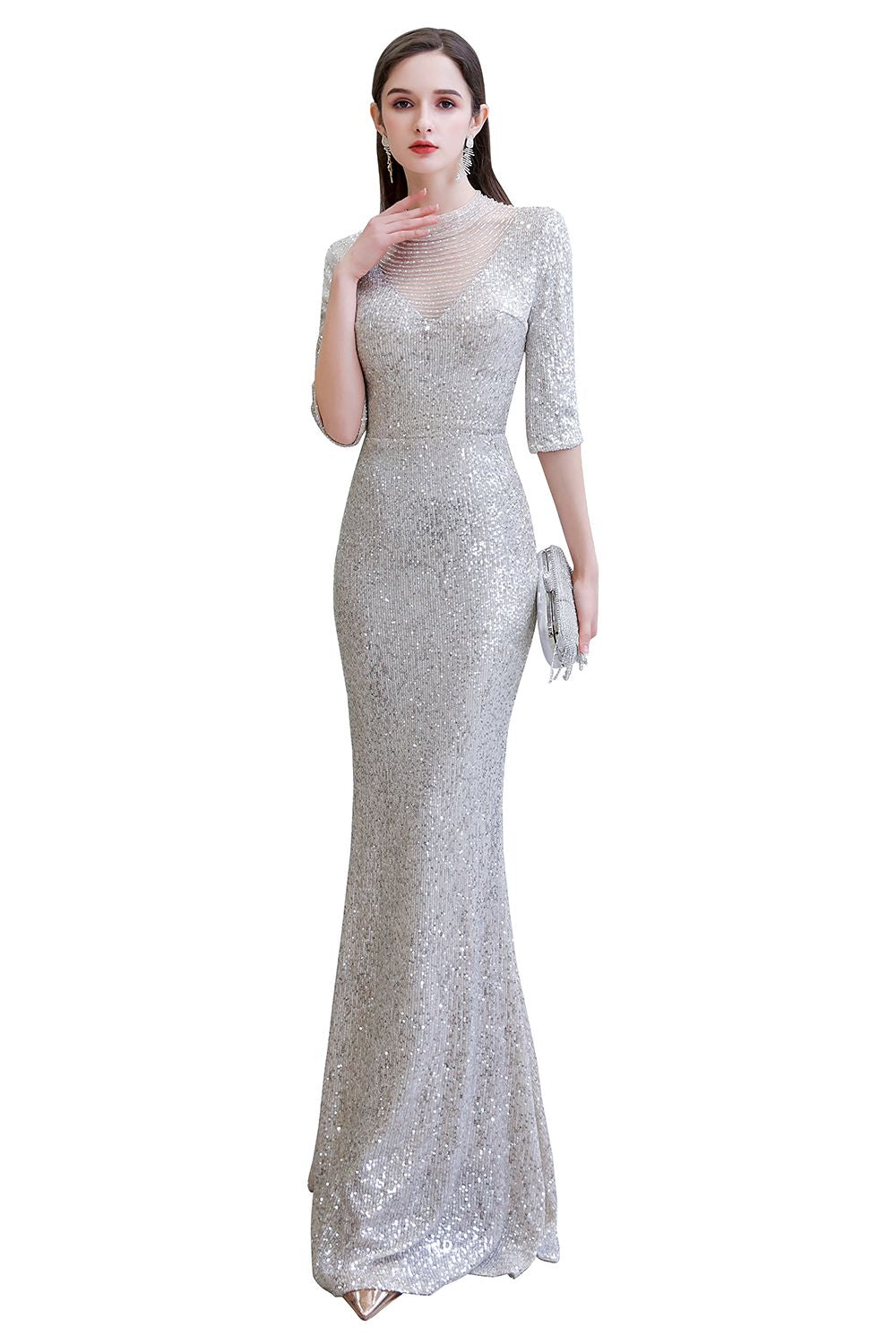 Wunderschönes silbernes langes Ballkleid mit langen Ärmeln