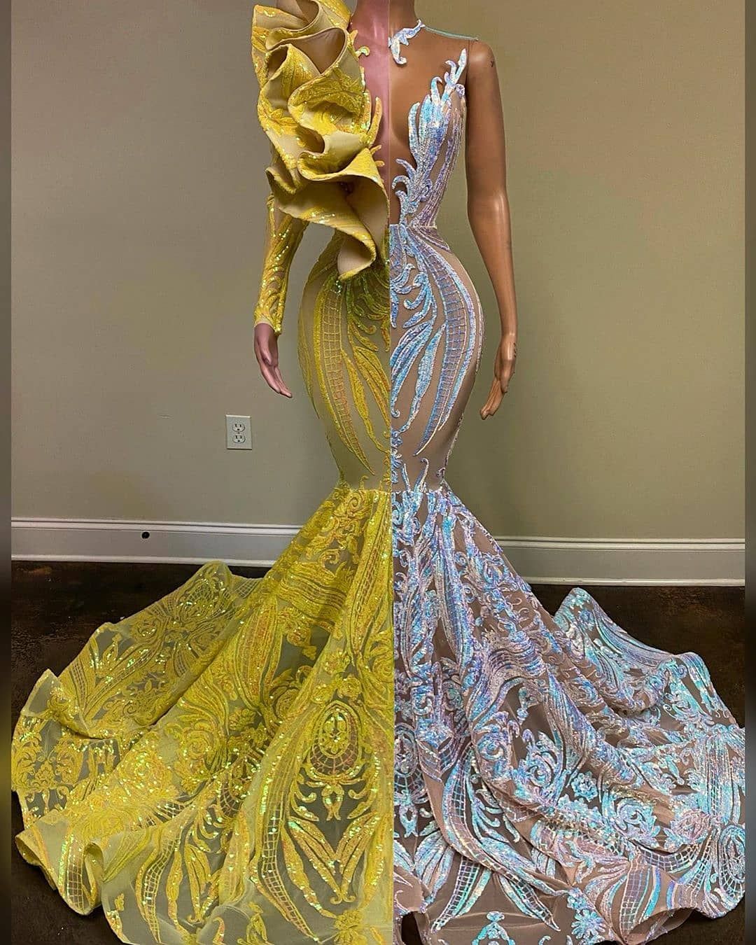 Gorgeous V-neck One Shoulder Long Sleeve Floor-length Mermaid Prom Dresses