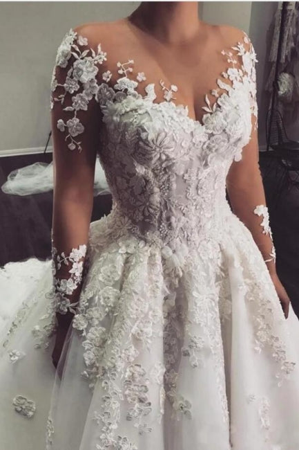 Wunderschönes weißes Brautkleid aus floraler 3D-Spitze, Rundhalsausschnitt, A-Linien-Brautkleid aus Tüll mit langen Ärmeln