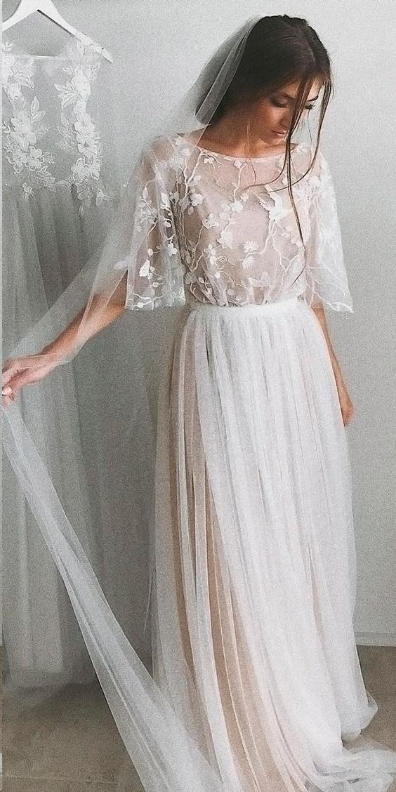 Half Sleeve Wedding Dresses A-line Elegant Simple Romantic Lace Bridal Gown WD424