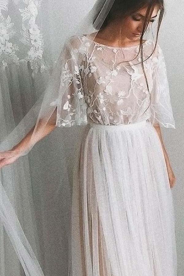 Half Sleeve Wedding Dresses A-line Elegant Simple Romantic Lace Bridal Gown WD424