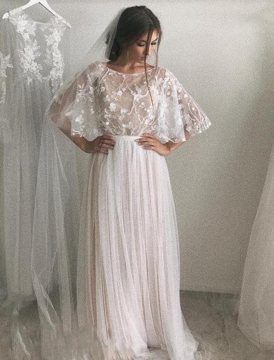 Half Sleeve Wedding Dresses A-line Elegant Simple Romantic Lace Bridal Gown WD424