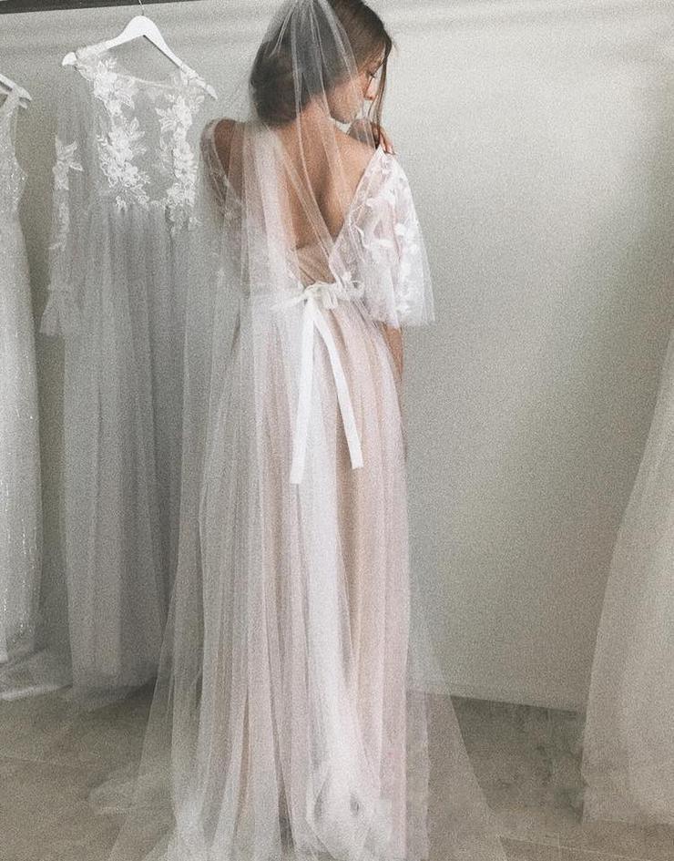 Half Sleeve Wedding Dresses A-line Elegant Simple Romantic Lace Bridal Gown WD424