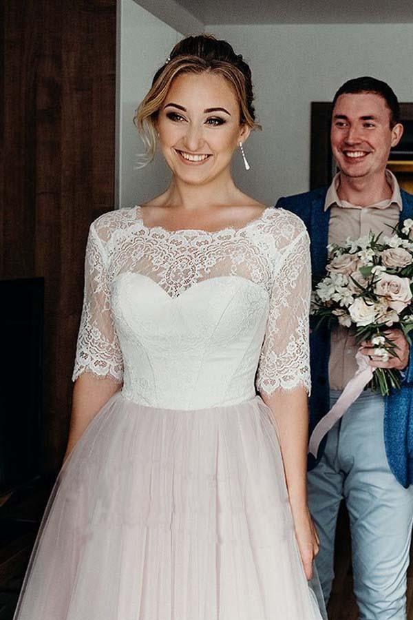 Half Sleeves Pink Backless Lace Up Floor Length Wedding Dress WD367