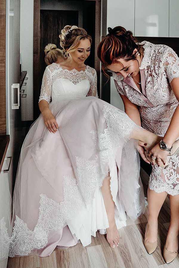 Half Sleeves Pink Backless Lace Up Floor Length Wedding Dress WD367