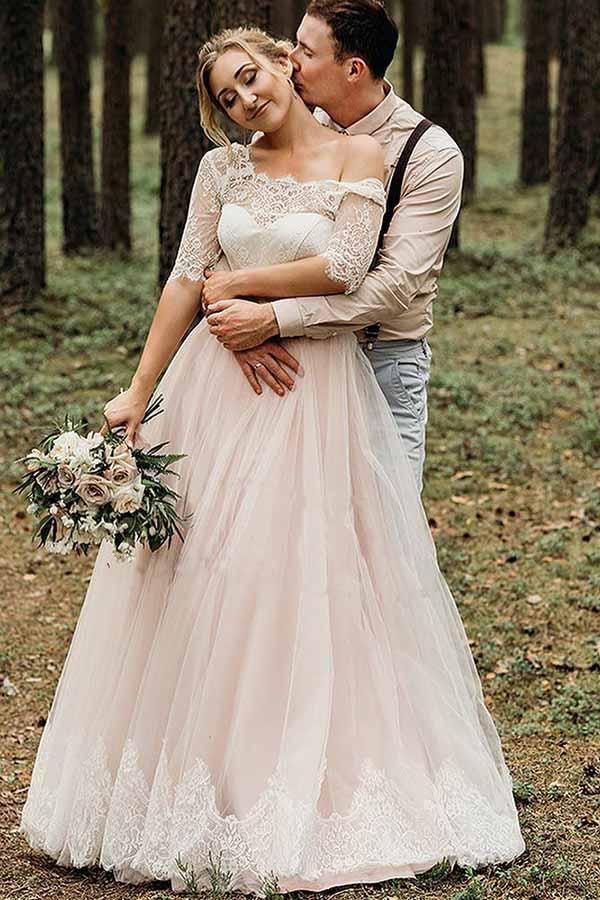 Half Sleeves Pink Backless Lace Up Floor Length Wedding Dress WD367
