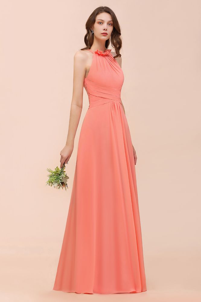 Vestido de dama de honor de playa con cuello halter, para niñas, color coral, largo hasta el suelo, para fiesta de boda