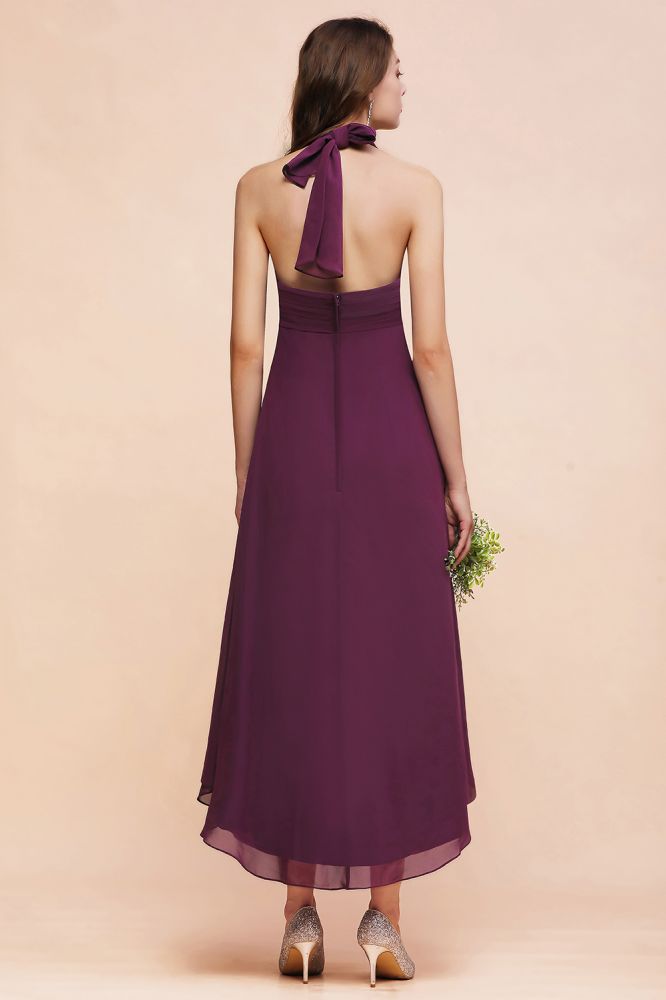 Vestido de dama de honra roxo Halter Hi-Lo Vestido de festa de coquetel de chiffon