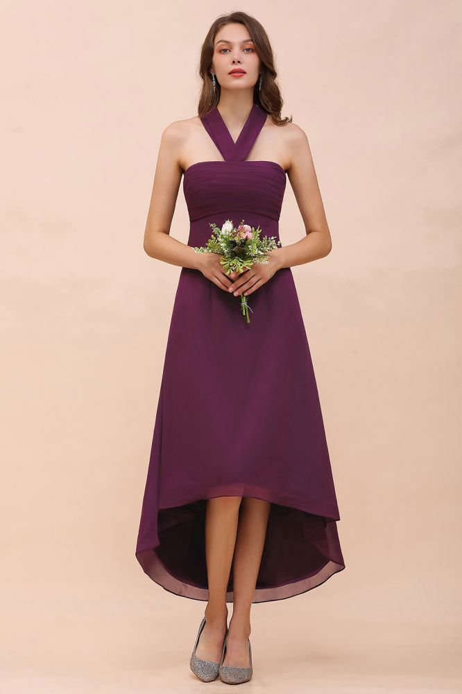 Vestido de dama de honra roxo Halter Hi-Lo Vestido de festa de coquetel de chiffon
