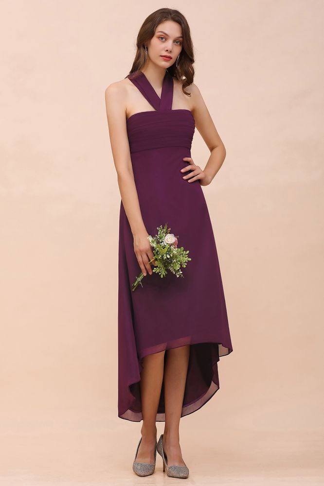 Vestido de dama de honra roxo Halter Hi-Lo Vestido de festa de coquetel de chiffon