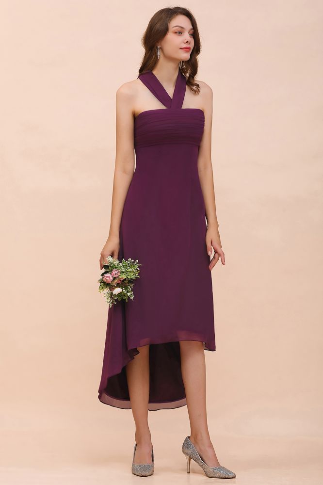Vestido de dama de honra roxo Halter Hi-Lo Vestido de festa de coquetel de chiffon