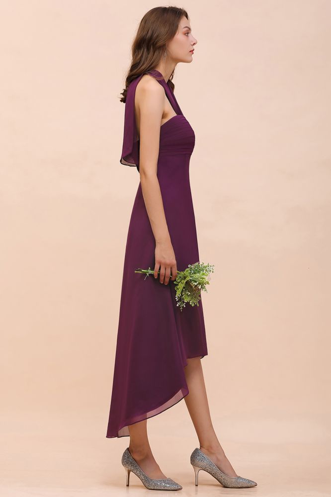 Vestido de dama de honra roxo Halter Hi-Lo Vestido de festa de coquetel de chiffon