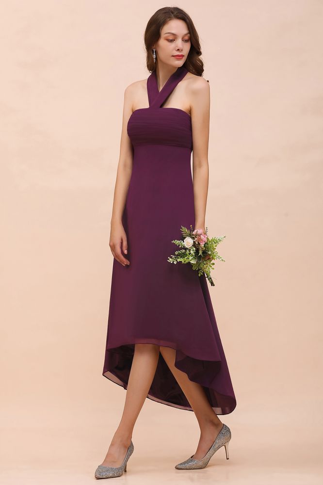 Vestido de dama de honra roxo Halter Hi-Lo Vestido de festa de coquetel de chiffon