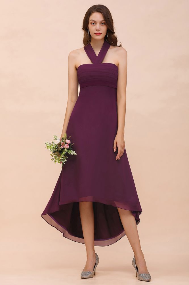 Vestido de dama de honra roxo Halter Hi-Lo Vestido de festa de coquetel de chiffon
