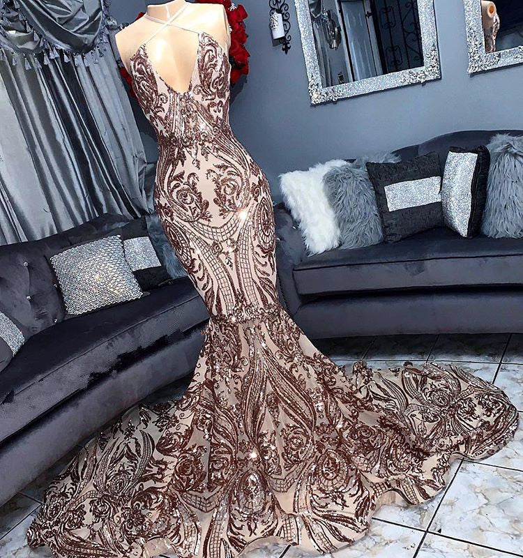 Vestido de fiesta largo sin mangas con lentejuelas y cuello halter de sirena