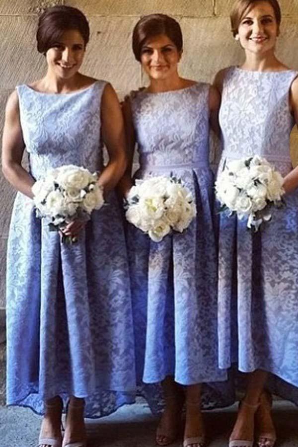 High Low Bateau Sleeveless Light Sky Blue Lace Bridesmaid Dress BD046