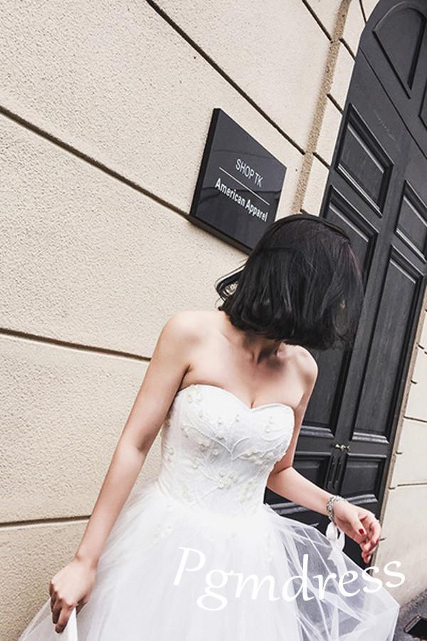 High Low Sweet Heart Tüll Perlen Brautkleider mit Hofschleppe WD085