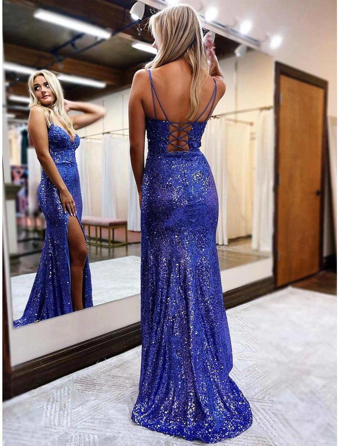 Meerjungfrau-Trompeten-Ballkleid, funkelndes Glanzkleid, formelle Hochzeitsfeier, Sweep-Pinselzug, ärmellos, V-Ausschnitt, Pailletten, rückenfrei mit Glitzerpailletten