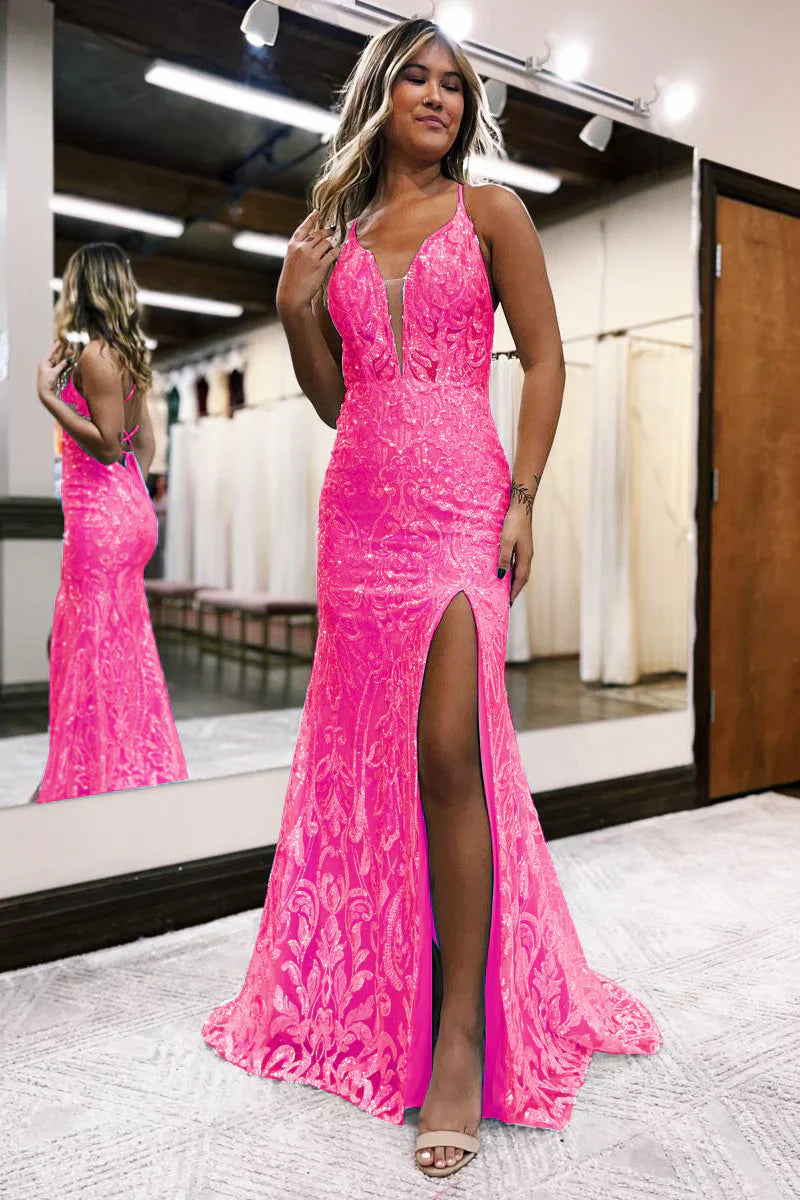 Hot Pink Glitzerndes Ballkleid mit Schlitz Pailletten Spitzenkleid