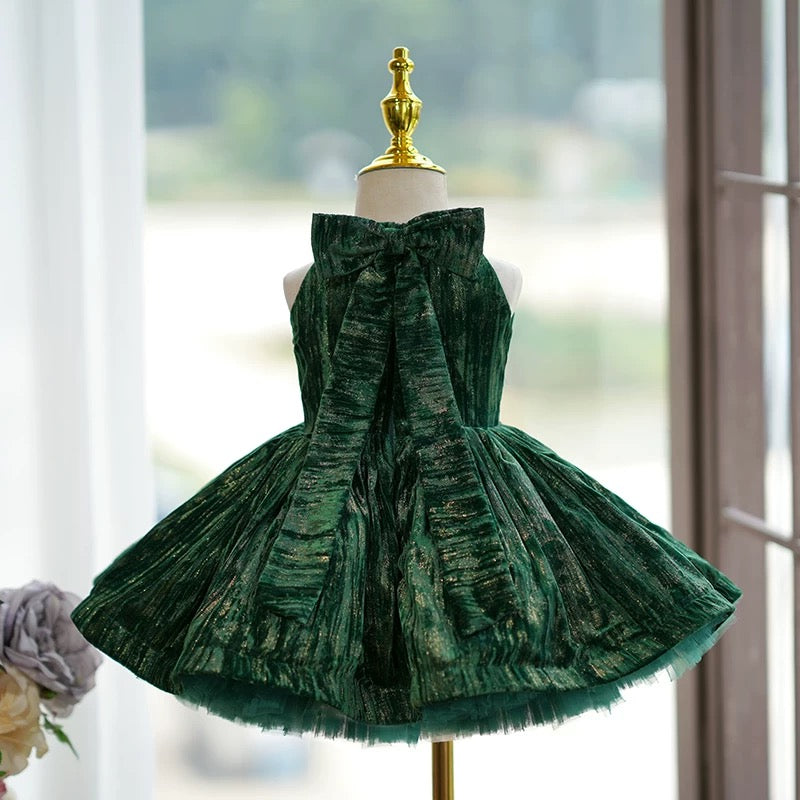 Velvet Knee-length Green Birthday Holiday Baby Girl Dress