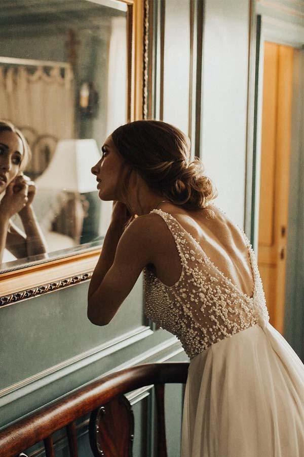 Ivory Beach Wedding Dresses See Through Pearl Beaded Wedding Dress WD293