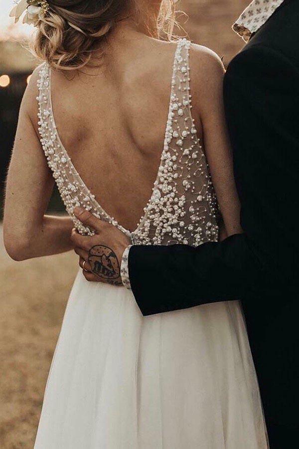 Ivory Beach Wedding Dresses See Through Pearl Beaded Wedding Dress WD293