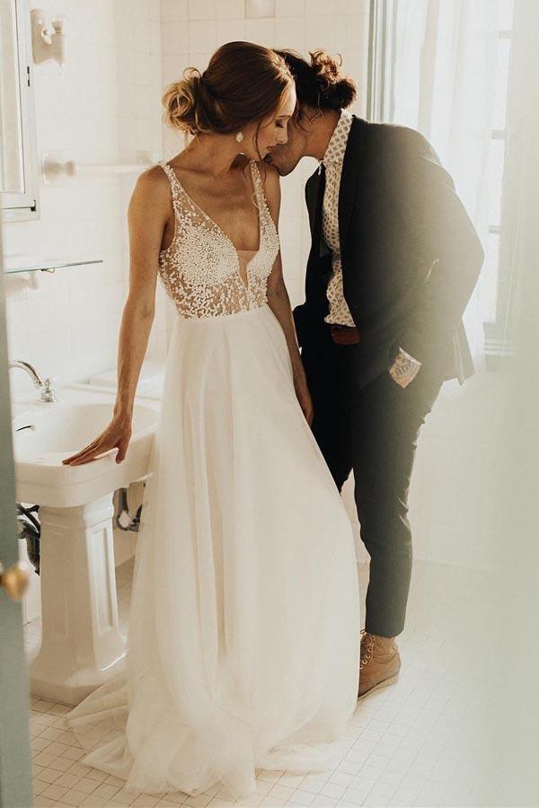 Ivory Beach Wedding Dresses See Through Pearl Beaded Wedding Dress WD293