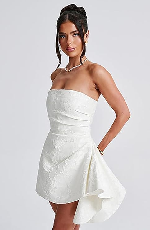 A-Linie, trägerlos, ärmellos, kurzes Heimkehrkleid, Jacquard-Satin, asymmetrisch, Partykleider mit Schnürung