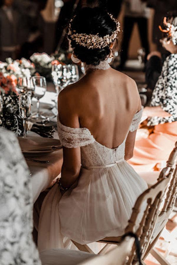 Vestido de novia de gasa con abertura y hombros descubiertos, color marfil, con encaje WD511