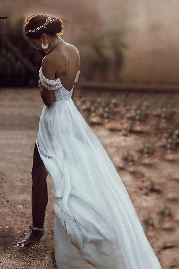 Vestido de novia de gasa con abertura y hombros descubiertos, color marfil, con encaje WD511