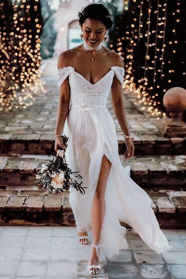 Vestido de novia de gasa con abertura y hombros descubiertos, color marfil, con encaje WD511