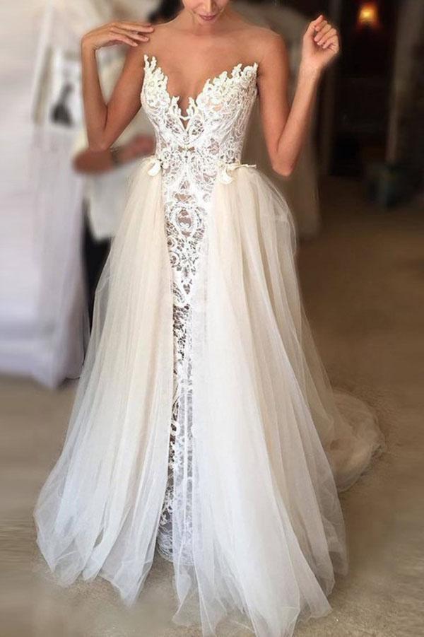 Ivory Long A-line Sweetheart Lace Tulle Wedding Dress