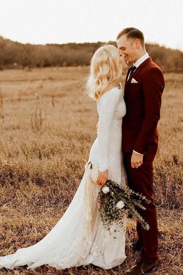Ivory Long Sleeve Rustic Wedding Dresses Backless Sheath Beach Wedding Dress WD384